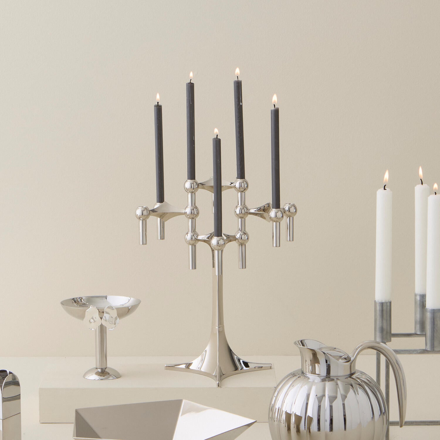 Nagel lysestage, krom - 3-pak